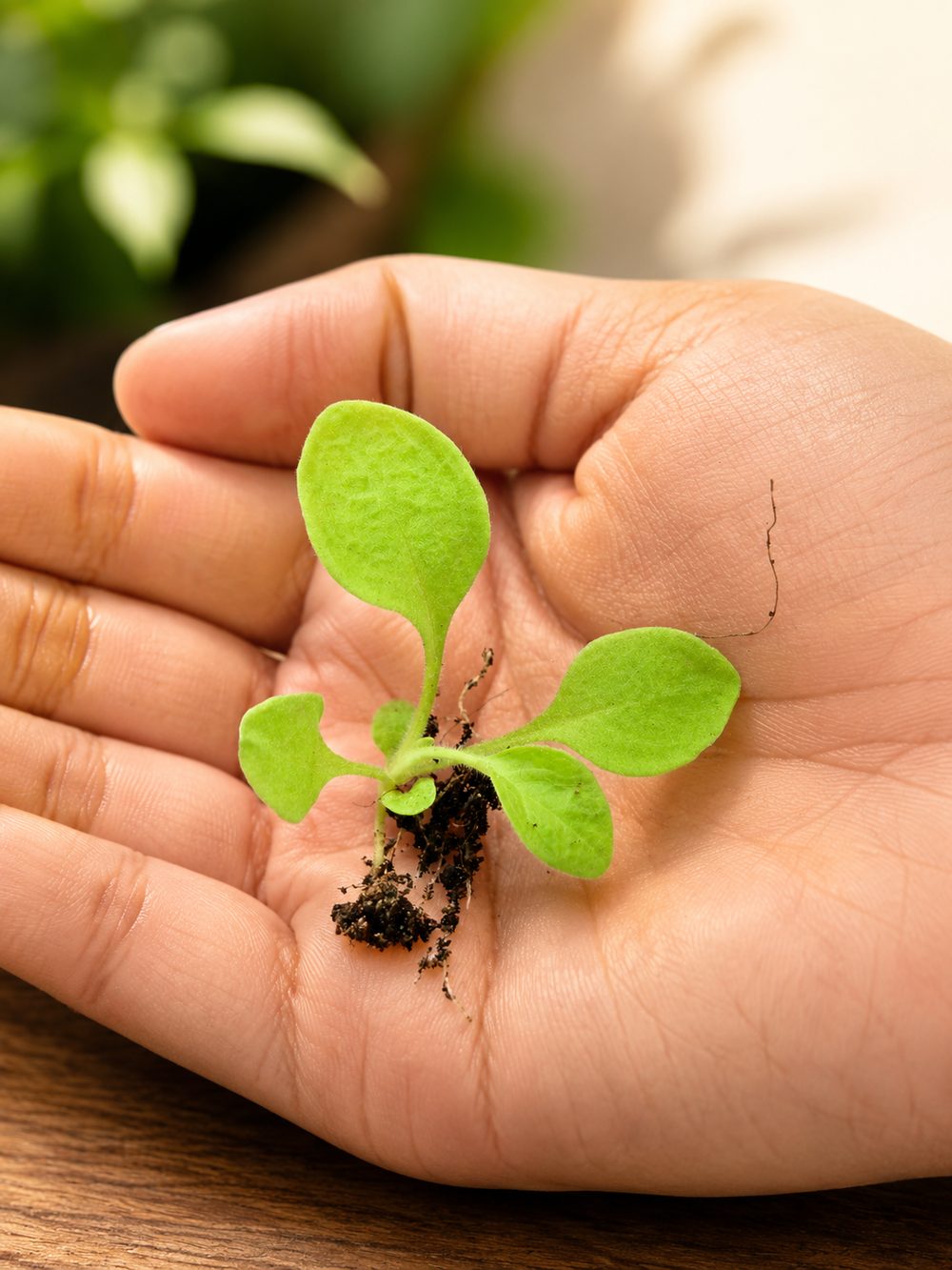 A young hybrid seedling held in a hand, roots and soil visible, at Satyam Nursery